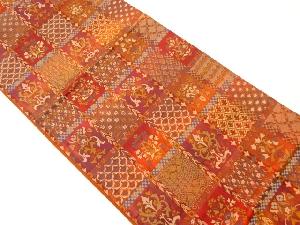 格子に草花・古典柄模様織出し洒落袋帯